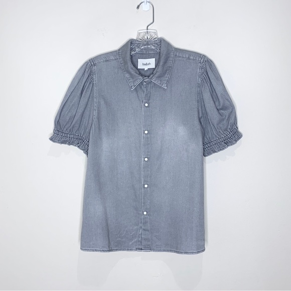 Ba&sh Danee Denim Shirt (Sz 3 / L) Puff Sleeve Button Down Light Grey - Picture 7 of 16